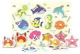 Wooden Peg Puzzle, Sea Creature Chunky Baby Puzzles, Colorful Wood Shape Puzzle Peg Board, Animal Knob Puzzles for Educational Toddlers 18 Months and Up, 11 Pieces