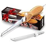 Prikoi Electric Knife - Easy-Slice Serrated Edge Blades Carving Set for Meat, Bread, Turkey, Ribs, Fillet, DIY, Ergonomic Handle + 2 Blades for Raw & Cooked Food(Faux Wood)
