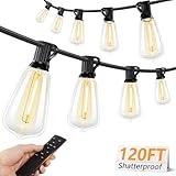 Brightever 120FT LED Outdoor String Lights with Remote, Patio Lights Outdoor Waterproof with 36+2 Shatterproof ST38 LED Bulbs, Dimmable Outside Hanging Light for Porch, Garden, Backyard, Cafe, 2700K