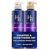 Hair Biology Biotin-Infused Purple Shampoo and Conditioner Set for Grey Hair, Anti-Brassiness, Moisturizing, Color-Safe, Silver & Glowing, Corrects Yellow Tones, 12.8 Fl Oz Each, 2 Pack