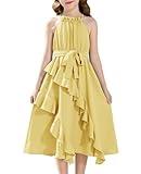 HOZIY Girls Summer Dresses Size 8-10 A-Line Backless Tiered Ruffle Belt Yellow Tween Hawaiian Sundress Casual Summer
