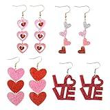 4 Pairs Valentine's Earrings for Women Love Heart Dangle Earrings Gifts for Wedding Decoration Valentine's Jewelry (Valentine’s Day)
