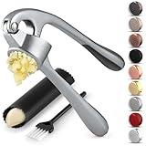 Zulay Kitchen Premium Garlic Press Set - Rust Proof & Dishwasher Safe Professional Garlic Mincer Tool - Easy-Squeeze, Easy-Clean with Soft, Ergonomic Handle - Silicone Garlic Peeler & Brush (Slate)