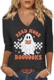 Halloween Teacher V Neck 3/4 Sleeve Shirts for Women Read More Books Ghost T Shirt Fall Spooky Bat Graphic Tee Tops(Large,Dark Grey01)