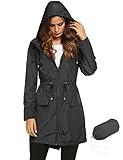 LOMON Womens Lightweight Waterproof Rain Jacket Active Outdoor Hooded Raincoat with Drawstring Belt Black XXL