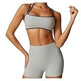 2 Pieces Ribbed Contrast Color Yoga Sets High Impact Bra& Lifting Hip Shorts Gym Workout Clothing Pilate Trainning Stretchy(Gray,Medium)