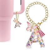 Velaco Letter Charm Accessories for Stanley Cup with Handle, Cute Initial Letter A Keychain Handle Charm with Butterfly for Stanley Tumbler for Women Girls