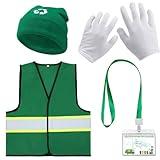 Shyyween 4 Pcs Garbage Truck Costume Accessories Waste Management Dress up Vest Hat Gloves ID Card for Halloween Party Garbage Day Dress up