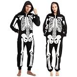 Spooktacular Creations Halloween Skeleton Pajama, Adult Skeleton Costume, Unisex Adult Jumpsuit Plush Hoodie Zipper Pajama for Men Women Halloween Dress-up Cosplay Costume Themed Parties Black