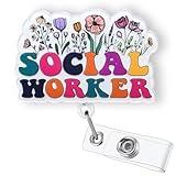 Cute Social Worker Badge Reel Retractable, SW Badge Reel, Social Work Appreciation Gift, Floral MSW Badge Clip, Funny Social Worker Gifts, ID Badge Holder with Alligator Clip & 24” Durable Nylon Cord