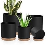 YNNICO Plant Pots with Drainage Holes and Saucers – 7, 6.5, 6, 5, 4 Inch Plastic Planters for Indoor Outdoor Plants, Modern Matte Finish, Lightweight & Durable(Black)