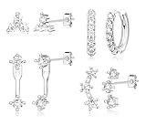 Poxtex Silver Stud Earrings for Women Trendy, Hoop Jackets Earring Stack, Silver Cartilage Jewelry Gifts