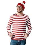 Coskidshas Adults Red and White Striped Shirt Costume Halloween Cosplay Outfits Sweatshirt Long Sleeve Shirt Hat Glasses Men XXL