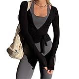 Womens Ballet Wrap Top Long Sleeve Tie Front Workout Cover Up Pilates Yoga Tops Y2k Fairy Coquette Shirt Going Out (Black Slim Fit, M)