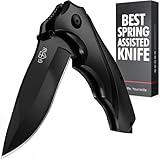 Grand Way Tactical Knife for Men - Black Pocket Knife - Best Spring Assisted Knife with Glass Breaker and Pocket Clip - Cool Folding Knives for Military Work Camping - Birthday Gifts for Dad 6495 B