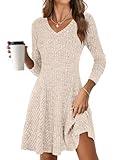 ANRABESS Women Long Sleeve Ribbed Knit Short Dresses 2025 Fall Winter V Neck Casual Swing A Line Sweater Dress Beige Large