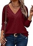 Eytino Plus Size Tops for Women Casual V Neck Long Sleeve Buttons Hollow Out Lace Embroidered Blouses Shirts,3X Red