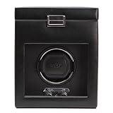 Wolf Heritage Single Winder with Storage, Black - Secure Fit with Patented Lock-in Dynamic Cuff - for Bigger, Heavier Watches - Vegan Leather & Glass Cover - Includes Universal Adapter