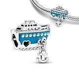PAGOGO Blue Anchored Cruise Ship Charm for Women Bracelets and Necklaces in 925 Sterling Silver,Mother's Day Birthday Christmas