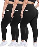 3 Pack Plus Size Leggings with Pockets for Women - High Waisted Tummy Control Spandex Soft Black Workout Yoga Pants