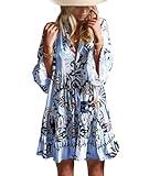 Opemiby Summer Dresses for Women 2025 Flowy Ruffle 3/4 Sleeve V Neck Tiered Casual Babydoll Boho Beach Mini Dress Blue Tribe L
