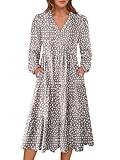 ANRABESS Women's Long Lantern Sleeve Floral Midi Dresses 2025 Fall V Neck Casual Flowy A-line Tiered Boho Vacation Long Dress Grey White Spot Print Small
