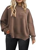 Eytino Women Plus Size Oversized Sweaters Long Sleeve High Neck Side Slit Knit Chunky Warm Pullover Sweater with Pocket,4X Brown