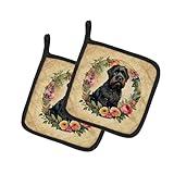 Caroline's Treasures Black Russian Terrier and Flowers Pair of Pot Holders Kitchen Heat Resistant Pot Holders Sets Oven Hot Pads for Cooking Baking BBQ, 7 1/2 x 7 1/2