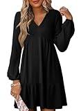 Dokotoo Fall Dresses for Women 2025 V Neck Ribbed Knit Texture Empire Waist Long Sleeve Dress Swing Flared Ruffle A Line Cute Casual Loose Flowy Wedding Guest Party Short Mini Dress Black Large