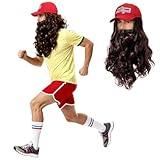 CFPrint Forrest Bubba Gump Running Costume, Halloween Cosplay Costume Includes Shrimp Hat, Wig, Beard, Yellow Pollow Shirt, Red Running Shorts, and White Crew Socks, 70s Runner Outfit Red L