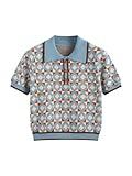 CIDER Women's Knit Collar Geometric Button Short Sleeve Top: Blue, L