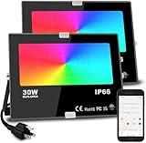 Led Flood Light 30W, 300W Equivalent 3000 LM Outdoor Color Changing Led Stage Landscape Lights, Bluetooth RGBW Smart Floodlights 2700K & 16 Million Colors&Timing& Music Sync, IP66,US 3-Plug (2 Pack)