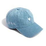 ATTICUS Poetry Hat, Embroidered Brushed Cotton Women’s Baseball Hat Unisex Fit, Adjustable One Size (Heart Denim)