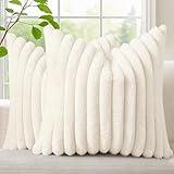 decorUhome Faux Fur Christmas Throw Pillow Covers 18x18 Set of 2, Decorative Soft Plush Striped Neutral Couch Euro Pillow Covers with Velvet Back for Sofa, Bed, Living Room Home Decor, Cream White