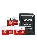 Lexar E-Series 64GB Micro SD Card 3 Pack, microSDXC UHS-I Flash Memory Card with Adapter, 100MB/s, C10, U3, A1, V30, Full HD, 4K UHD, High Speed TF Card