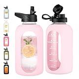 CIVAGO 64 oz Glass Water Bottle Jug with Straw and Handle, Half Gallon Sports Motivational Water Bottle with Time Marker, Wide Mouth Flask Canteen with Silicone Sleeve for Gym, Blush