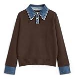 ETCYY Womens Oversized Sweater Cozy Fall Long Sleeve Button Up Denim Polo Pullover Tops Sweatshirt Tunic Collared Sweaters,Pure Coffee,Small