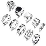 MEDOJO 10 Pcs Men's Stainless Steel Vintage Signet Ring Square Pinky Thumb Chunky Thin Band Ring Vintage Biker Band Rings Set 11