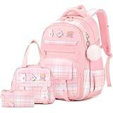 3PCS School Backpack for Girls, Girls Backpack with Lunch Box, Pencil Case, Cute Kawaii Plaid Book Bag for Teen Girl Kindergarten Elementary Preschool Middle High School, Pink