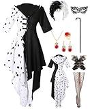 9pcs Women Black and White Dalmatian Costume Dress Up Full Set with Wig for Halloween Cosplay (Black, Medium)