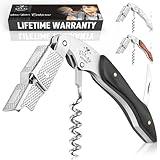 Zulay Kitchen Corkscrew Wine Opener - Premium 420 Stainless Steel & Ebony Wood Wine Bottle Opener - Double Hinged Opener with Foil Cutter & Cap Remover - Ebony Wood