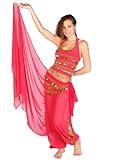 Belly Dancer Costume Set |Chiffon Harem Pants, Top, Veil & Hip Scarf | Festival Flair | FUSCHIA/GOLD | SMALL