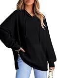 Dokotoo Womens Oversized Hoodies 2025 Fashion Fall Sweatshirts for Women Loose Long Sleeve Waffle Knit Side Slit Pullover Hoodie with Pocket Hooded Tops Black Plus Size Large