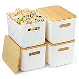 Ohmlove 4 Packs Storage Bins with Bamboo Lids - Plastic Storage Containers with Lids Stackable Storage Box:Storages Baskets for Organizing Desktop Closet Playroom Classroom Office,White