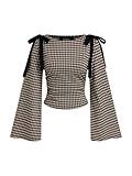 CIDER Tops Gingham Bowknot Ruched Long Sleeve Boat Neck Slim Fit Top Coffee