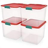 HOMZ 4-Pack Holiday Tote, Plastic Storage Organizer Bins with Lids, 31 Quart, Clear/Red - Stackable Organizing Containers for Home, Garage, and Office