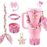 5PCS Butterfly Cup Accessories for Stanley Owala, Water Bottle Handle Strap for Stanley 30/40 oz, Including Straw Toppers, Silicone Cup Boot, Keychain Charms, Cup Decoration for Women Girls, Pink