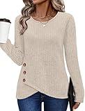 XIEERDUO Fall Fashion for Women 2025 Trendy Long Sleeve Tops Basic Crew Neck Sweaters Women's Clothing Blouses Beige M