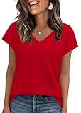 WIHOLL Womens Tops Cap Short Sleeve Sweater Basic Summer Tops V Neck T Shirts Flowy Business Casual Outfits Work 2025 Trendy Travel Holiday Outfits Beach Vacation Clothes Cruise Resort Wear Red S