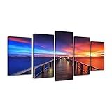 Pyradecor Sunset Bridge Canvas Prints Wall Art Seascape Ocean Picture Paintings Ready to Hang for Living Room Bedroom Home Decorations 5 Panels Modern Stretched Landscape Sea Artwork